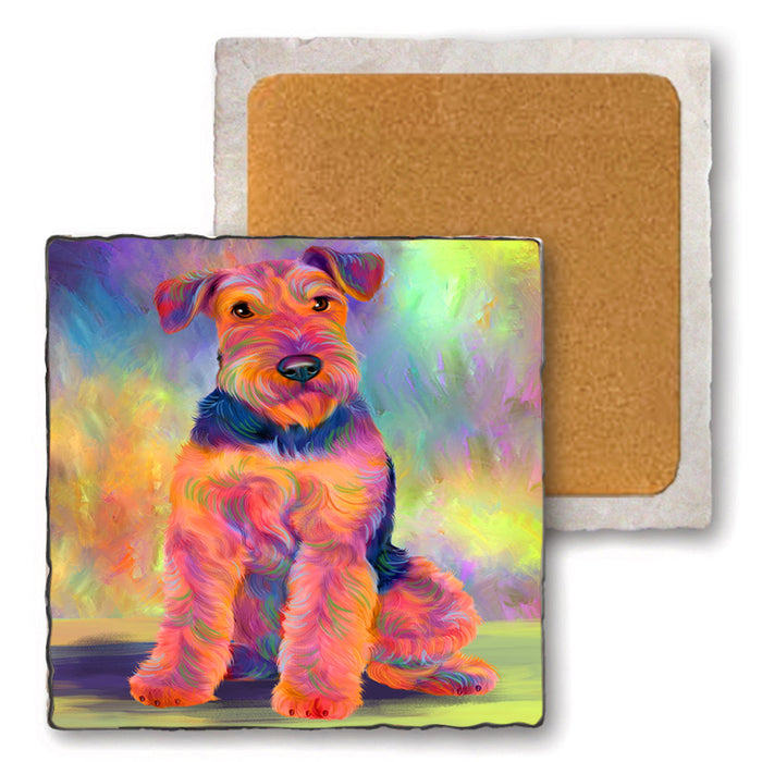 Paradise Wave Airdale Terrier Dog Set of 4 Natural Stone Marble Tile Coasters MCST51054