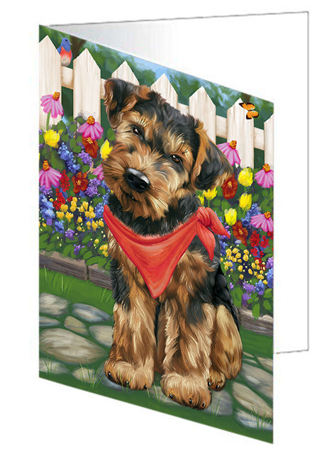 Spring Dog House Airedale Terriers Dog Handmade Artwork Assorted Pets Greeting Cards and Note Cards with Envelopes for All Occasions and Holiday Seasons GCD53282