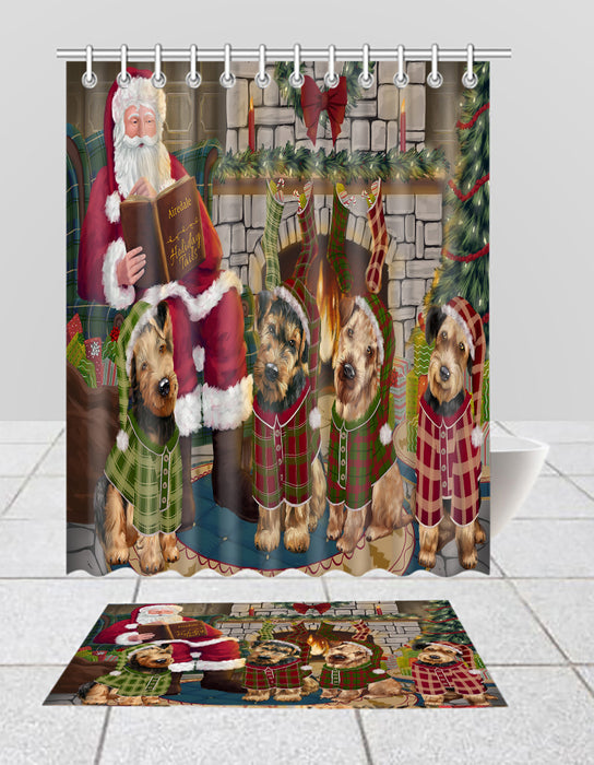Christmas Cozy Holiday Fire Tails Airedale Dogs Bath Mat and Shower Curtain Combo