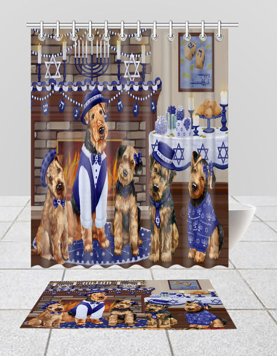 Happy Hanukkah Family Airedale Dogs Bath Mat and Shower Curtain Combo