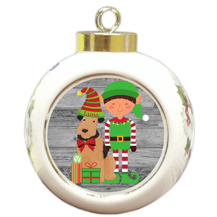Custom Personalized Airedale Terrier Dog Elfie and Presents Christmas Round Ball Ornament
