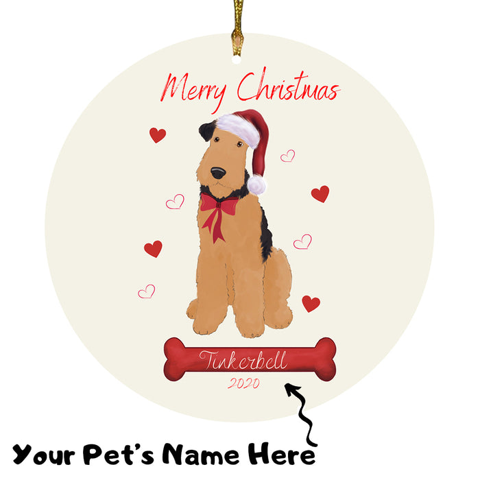 Personalized Merry Christmas  Airedale Dog Christmas Tree Round Flat Ornament RBPOR58889