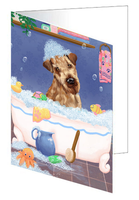 Rub A Dub Dog In A Tub Airedale Dog Handmade Artwork Assorted Pets Greeting Cards and Note Cards with Envelopes for All Occasions and Holiday Seasons GCD79160