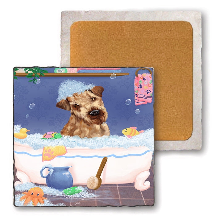 Rub A Dub Dog In A Tub Airedale Dog Set of 4 Natural Stone Marble Tile Coasters MCST52282