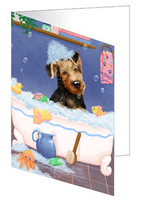 Rub A Dub Dog In A Tub Airedale Dog Handmade Artwork Assorted Pets Greeting Cards and Note Cards with Envelopes for All Occasions and Holiday Seasons GCD79163