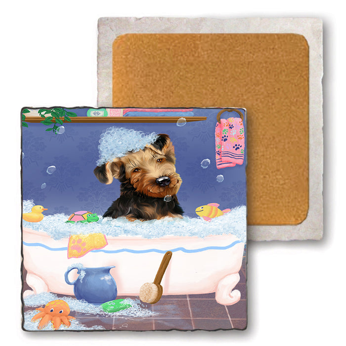 Rub A Dub Dog In A Tub Airedale Dog Set of 4 Natural Stone Marble Tile Coasters MCST52283