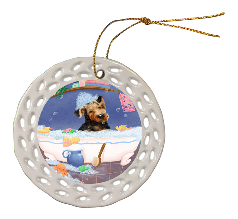 Rub A Dub Dog In A Tub Airedale Dog Doily Ornament DPOR58174