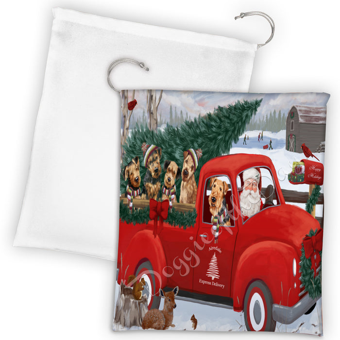 Christmas Santa Express Delivery Red Truck Airedale Dogs Drawstring Laundry or Gift Bag LGB48264