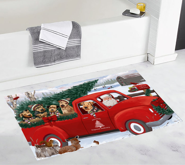 Christmas Santa Express Delivery Red Truck Airedale Dogs Bath Mat