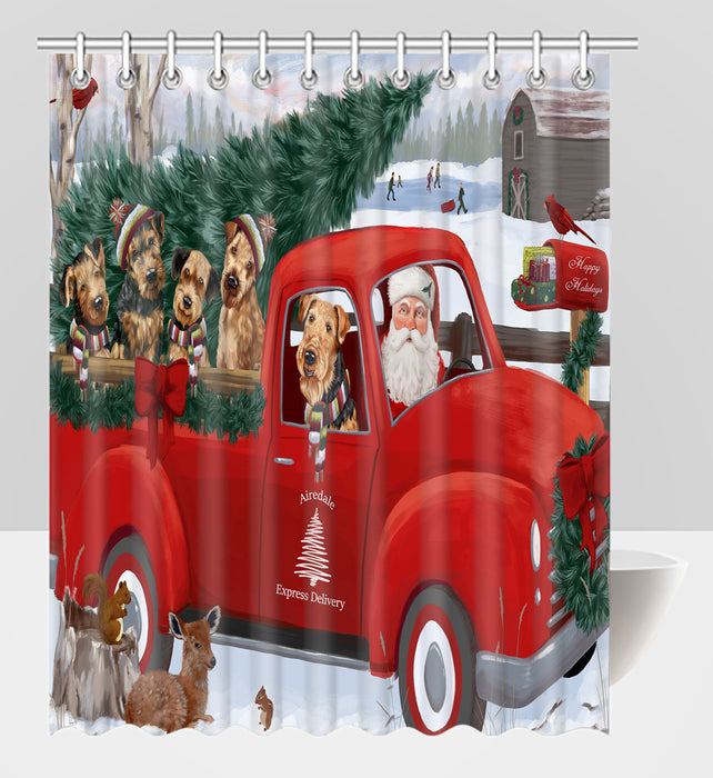 Christmas Santa Express Delivery Red Truck Airedale Dogs Shower Curtain