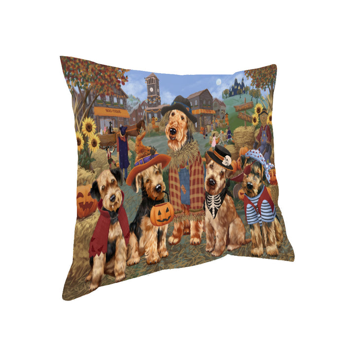 Halloween 'Round Town And Fall Pumpkin Scarecrow Both Airedale Dogs Pillow PIL82228