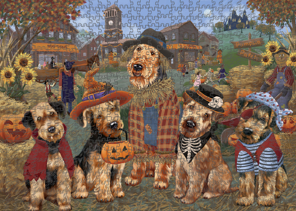 Halloween 'Round Town And Fall Pumpkin Scarecrow Both Airedale Dogs Puzzle with Photo Tin PUZL96136