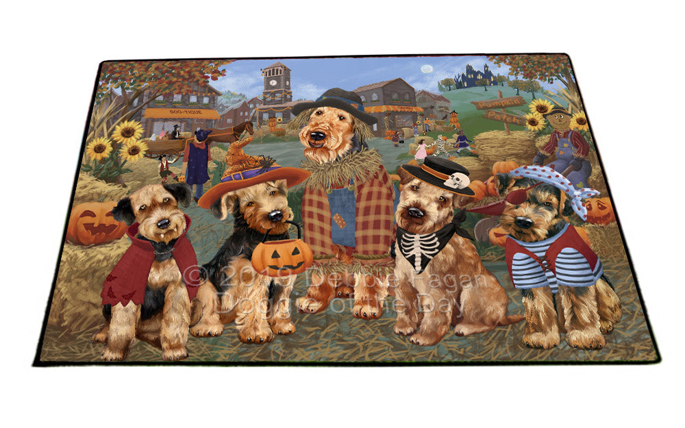 Halloween 'Round Town And Fall Pumpkin Scarecrow Both Airedale Dogs Floormat FLMS53816