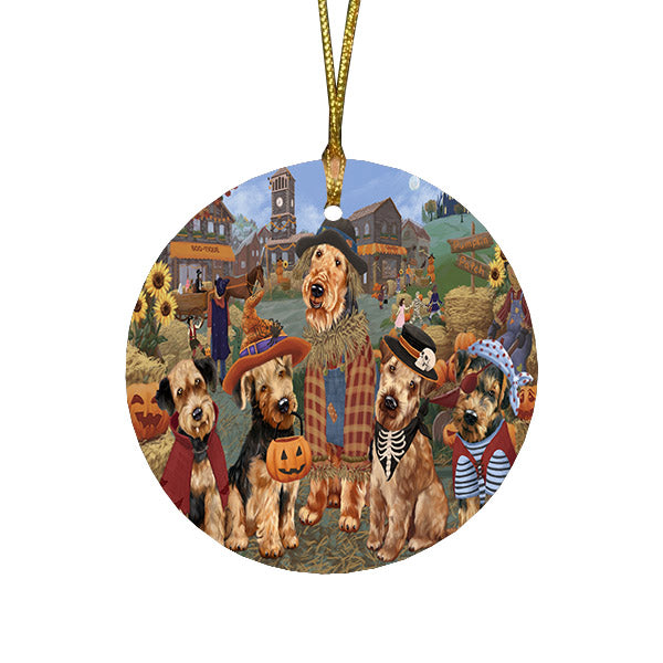 Halloween 'Round Town And Fall Pumpkin Scarecrow Both Airedale Dogs Round Flat Christmas Ornament RFPOR57361