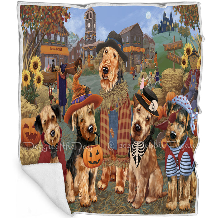 Halloween 'Round Town And Fall Pumpkin Scarecrow Both Airedale Dogs Blanket BLNKT138575