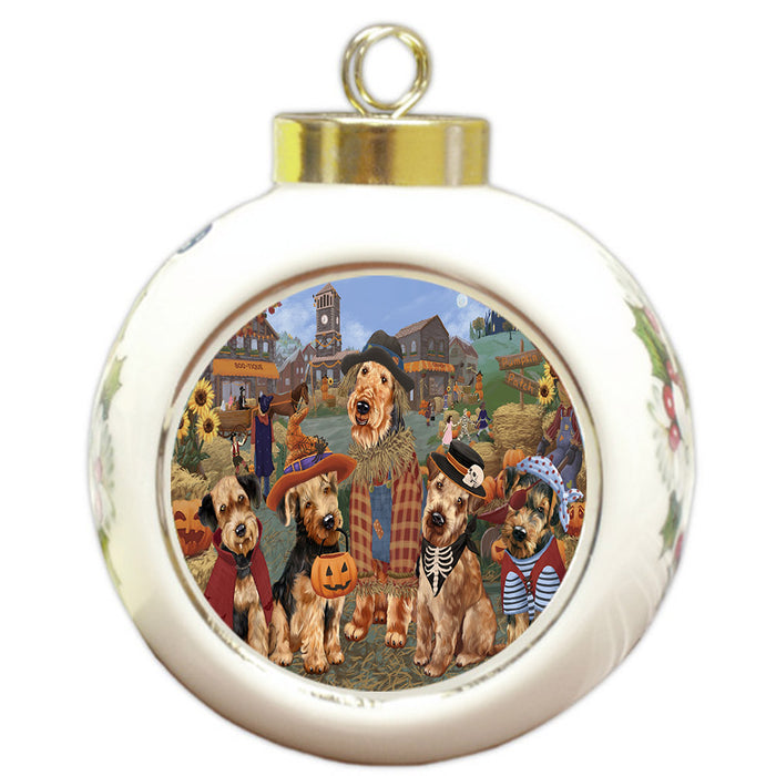 Halloween 'Round Town And Fall Pumpkin Scarecrow Both Airedale Dogs Round Ball Christmas Ornament RBPOR57361