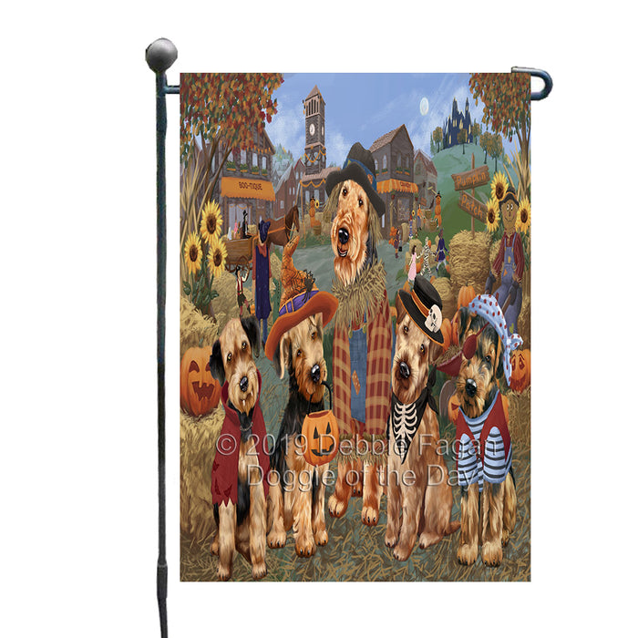 Halloween 'Round Town And Fall Pumpkin Scarecrow Both Airedale Dogs Garden Flag GFLG65557