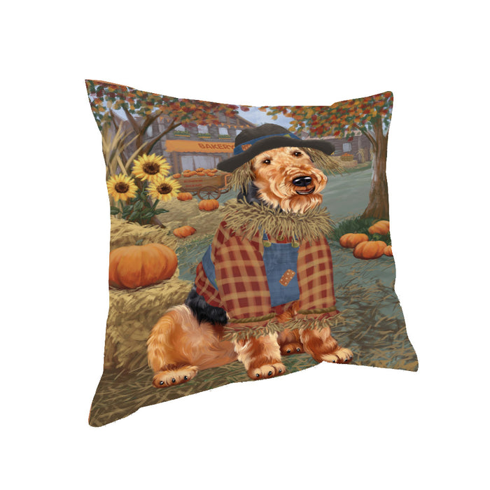 Halloween 'Round Town And Fall Pumpkin Scarecrow Both Airedale Dogs Pillow PIL82472