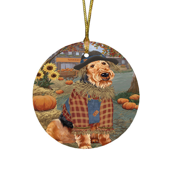 Halloween 'Round Town And Fall Pumpkin Scarecrow Both Airedale Dogs Round Flat Christmas Ornament RFPOR57422