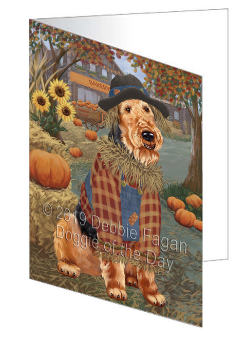 Fall Pumpkin Scarecrow Airedale Dog Handmade Artwork Assorted Pets Greeting Cards and Note Cards with Envelopes for All Occasions and Holiday Seasons GCD77900