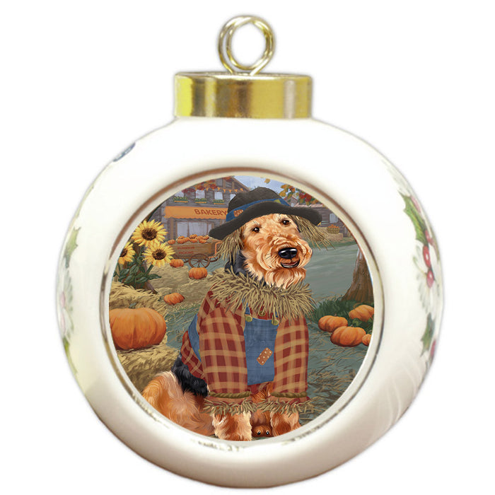 Halloween 'Round Town And Fall Pumpkin Scarecrow Both Airedale Dogs Round Ball Christmas Ornament RBPOR57422