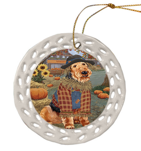 Fall Pumpkin Scarecrow Airedale Dogs Ceramic Doily Ornament DPOR57518