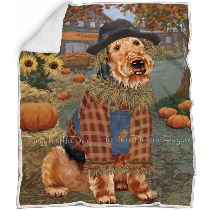 Halloween 'Round Town And Fall Pumpkin Scarecrow Both Airedale Dogs Blanket BLNKT139124