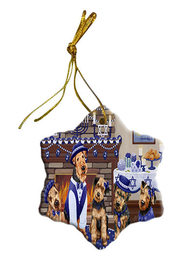 Happy Hanukkah Family Airedale Dogs Star Porcelain Ornament SPOR57579