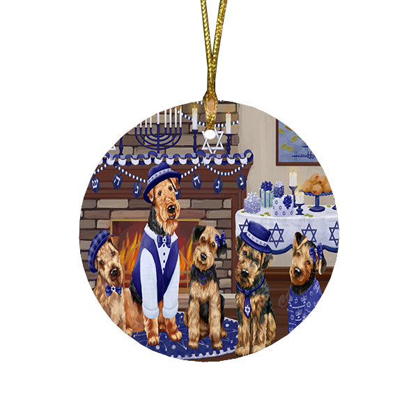 Happy Hanukkah Family and Happy Hanukkah Both Airedale Dogs Round Flat Christmas Ornament RFPOR57483