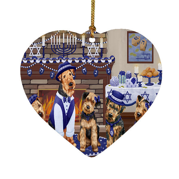 Happy Hanukkah Family Airedale Dogs Heart Christmas Ornament HPOR57579