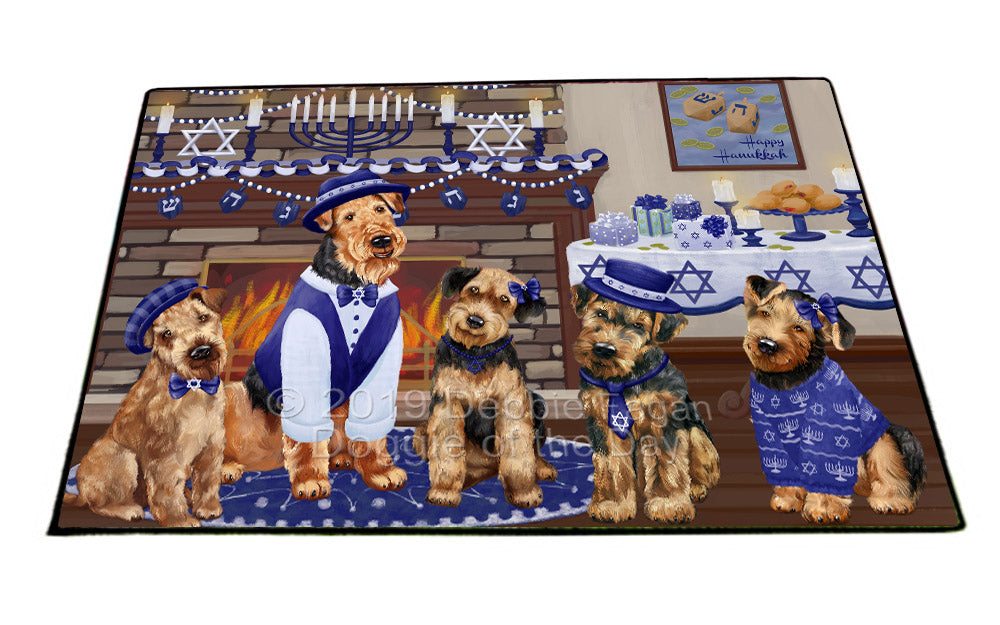 Happy Hanukkah Family and Happy Hanukkah Both Airedale Dogs Floormat FLMS53999