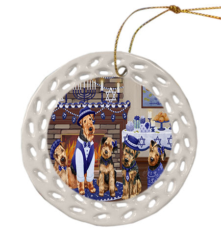 Happy Hanukkah Family Airedale Dogs Ceramic Doily Ornament DPOR57579
