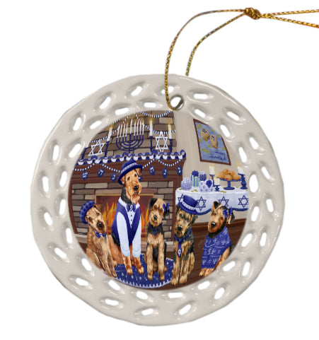 Happy Hanukkah Family Airedale Dogs Doily Ornament DPOR57937