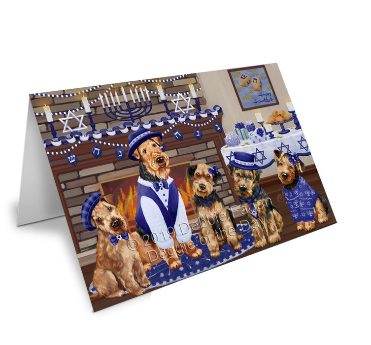Happy Hanukkah Family Airedale Dogs Handmade Artwork Assorted Pets Greeting Cards and Note Cards with Envelopes for All Occasions and Holiday Seasons GCD78083