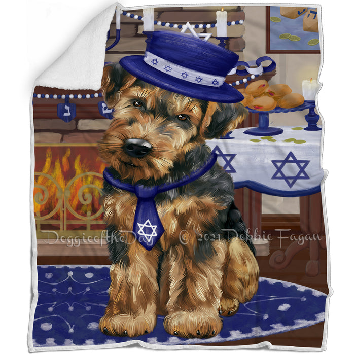 Happy Hanukkah Family and Happy Hanukkah Both Airedale Dog Blanket BLNKT139673