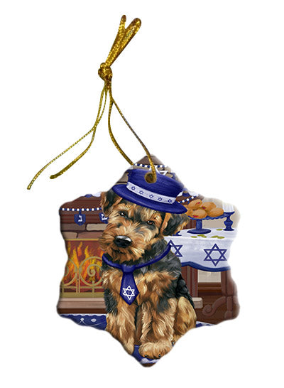 Happy Hanukkah Airedale Dog Star Porcelain Ornament SPOR57635