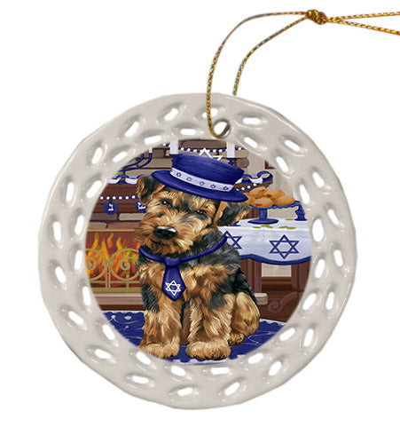 Happy Hanukkah Airedale Dog Ceramic Doily Ornament DPOR57635