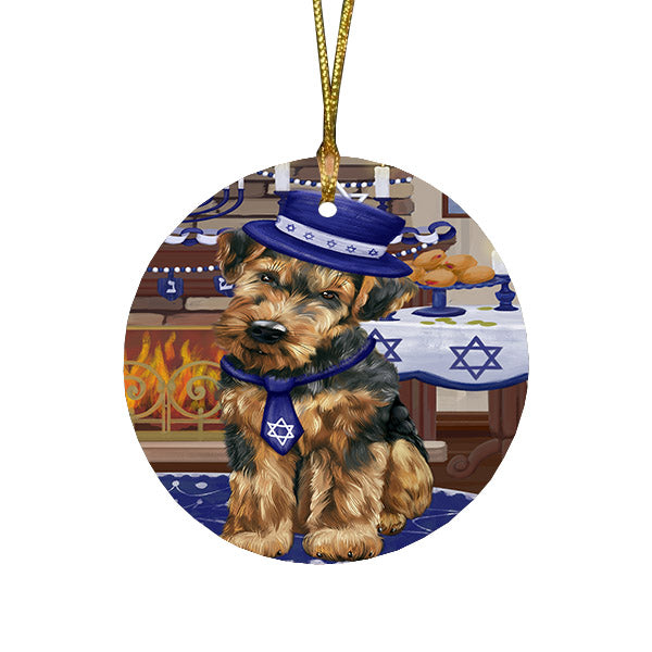 Happy Hanukkah Family and Happy Hanukkah Both Airedale Dog Round Flat Christmas Ornament RFPOR57539