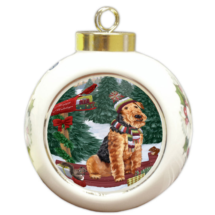 Christmas Woodland Sled Airedale Terrier Dog Round Ball Christmas Ornament Pet Decorative Hanging Ornaments for Christmas X-mas Tree Decorations - 3" Round Ceramic Ornament, RBPOR59578