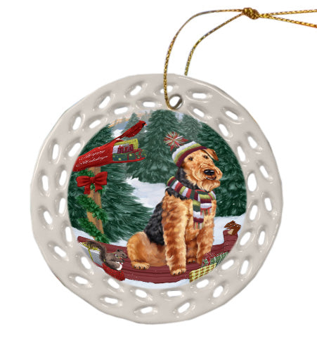 Christmas Woodland Sled Airedale Terrier Dog Doily Ornament DPOR59002