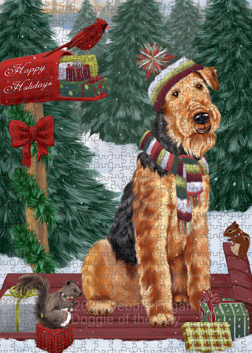 Christmas Woodland Sled Airedale Terrier Dog Portrait Jigsaw Puzzle for Adults Animal Interlocking Puzzle Game Unique Gift for Dog Lover's with Metal Tin Box PZL827
