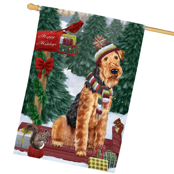 Christmas Woodland Sled Airedale Terrier Dog House Flag Outdoor Decorative Double Sided Pet Portrait Weather Resistant Premium Quality Animal Printed Home Decorative Flags 100% Polyester FLG69504