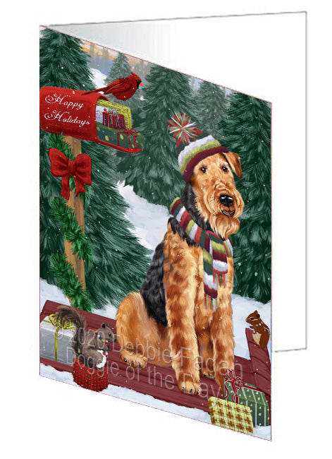Christmas Woodland Sled Airedale Terrier Dog Handmade Artwork Assorted Pets Greeting Cards and Note Cards with Envelopes for All Occasions and Holiday Seasons