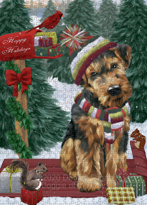 Christmas Woodland Sled Airedale Terrier Dog Portrait Jigsaw Puzzle for Adults Animal Interlocking Puzzle Game Unique Gift for Dog Lover's with Metal Tin Box PZL828