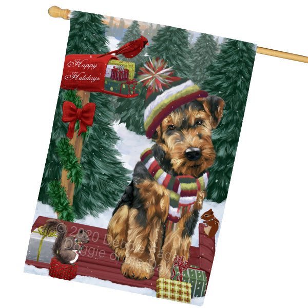 Christmas Woodland Sled Airedale Terrier Dog House Flag Outdoor Decorative Double Sided Pet Portrait Weather Resistant Premium Quality Animal Printed Home Decorative Flags 100% Polyester FLG69505