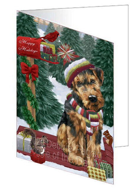 Christmas Woodland Sled Airedale Terrier Dog Handmade Artwork Assorted Pets Greeting Cards and Note Cards with Envelopes for All Occasions and Holiday Seasons