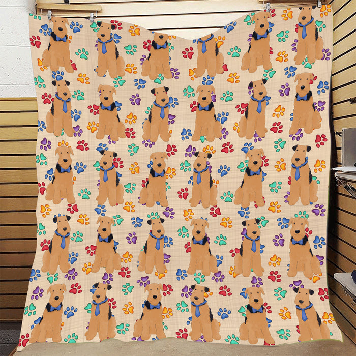 Rainbow Paw Print Airedale Dogs Blue Quilt