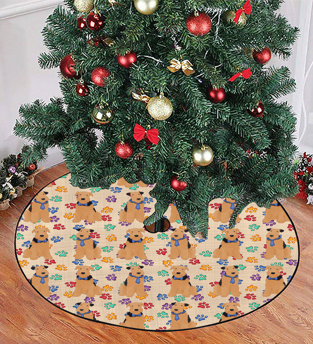 Rainbow Paw Print Airedale Dogs Blue Christmas Tree Skirt