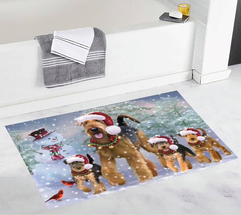 Christmas Running Fammily Airedale Terrier Dogs Bath Mat
