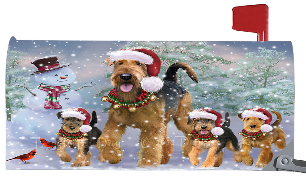 Christmas Running Family Airedale Dogs Magnetic Mailbox Cover Both Sides Pet Theme Printed Decorative Letter Box Wrap Case Postbox Thick Magnetic Vinyl Material